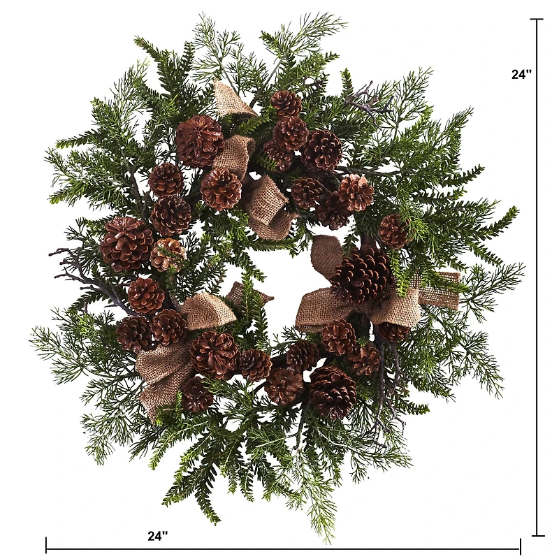 24" Pine & Pinecone Wreath with Burlap Bows
