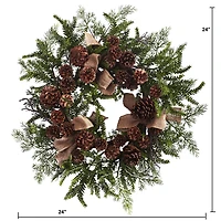24" Pine & Pinecone Wreath with Burlap Bows