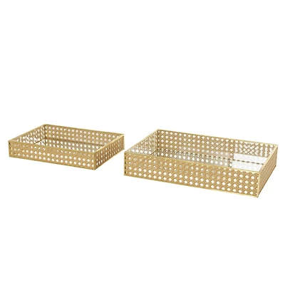 Brown Woven Rattan Tray Set with Mirrored Glass Interiors