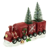 12'' Red and Gold Christmas Train with LED Lighted Frosted Trees Tabletop Decoration