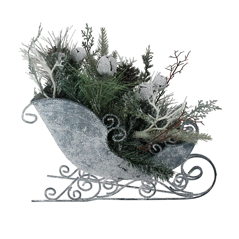 9.5" Gray & Green Frosted Pinecone in Foliage Filled Tabletop Sleigh