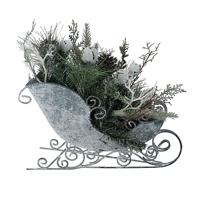 9.5" Gray & Green Frosted Pinecone in Foliage Filled Tabletop Sleigh