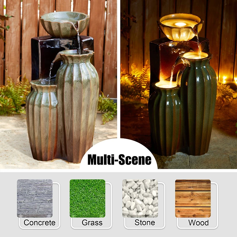 Glitzhome® 26.75" 3-Tier LED Fluted Textured Ceramic Outdoor Floor Fountain