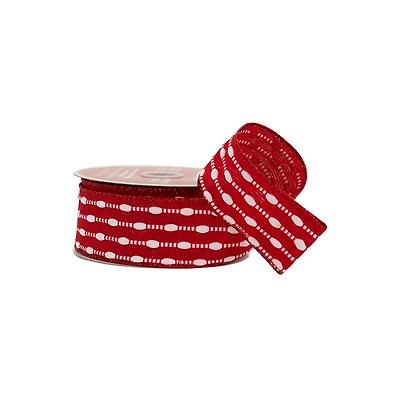 1.5" x 25ft. Red & White Stitch Wired Ribbon by Celebrate It®