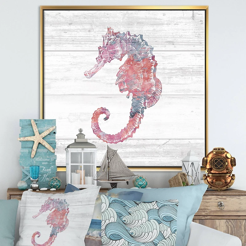 Designart - Pink seahorses Ocean Life - Nautical & Coastal Framed Canvas
