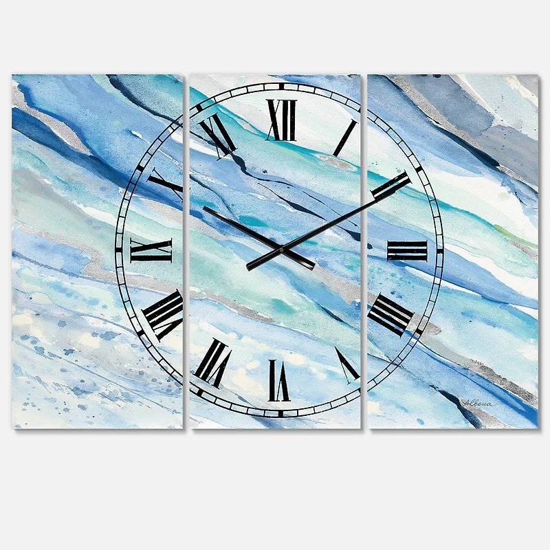 Designart Blue Silver Spring I Traditional 3 Panel Wall Clock