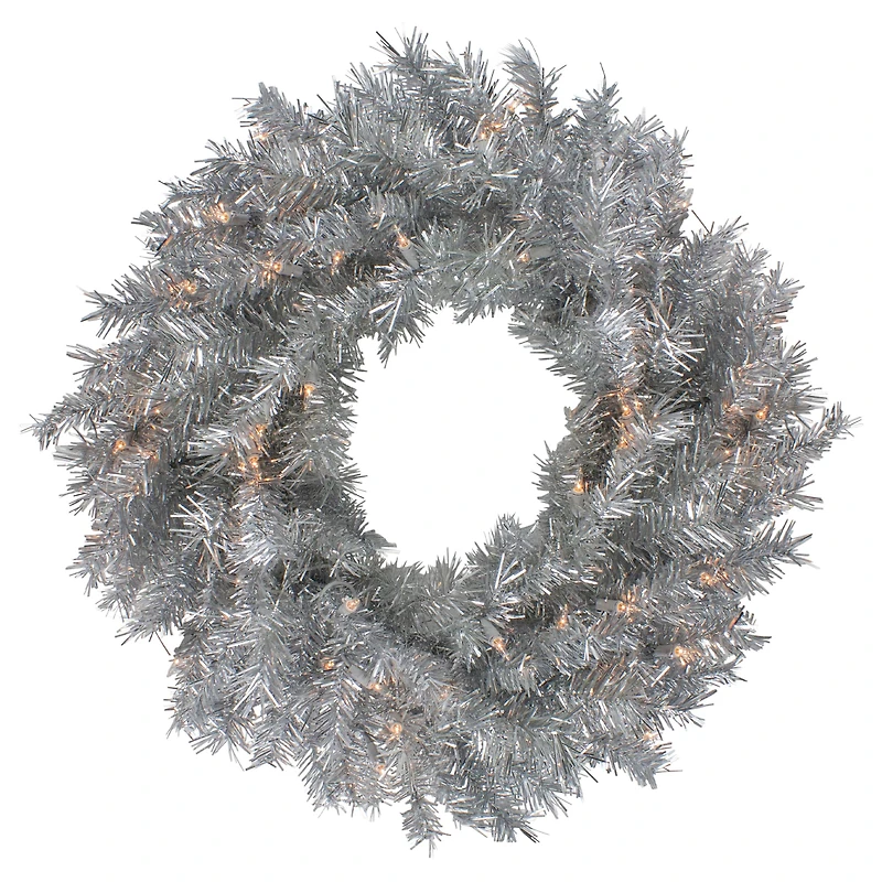 24" Pre-Lit Silver Tinsel Artificial Christmas Wreath