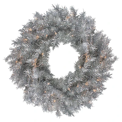 24" Pre-Lit Silver Tinsel Artificial Christmas Wreath
