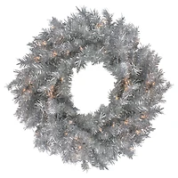 24" Pre-Lit Silver Tinsel Artificial Christmas Wreath