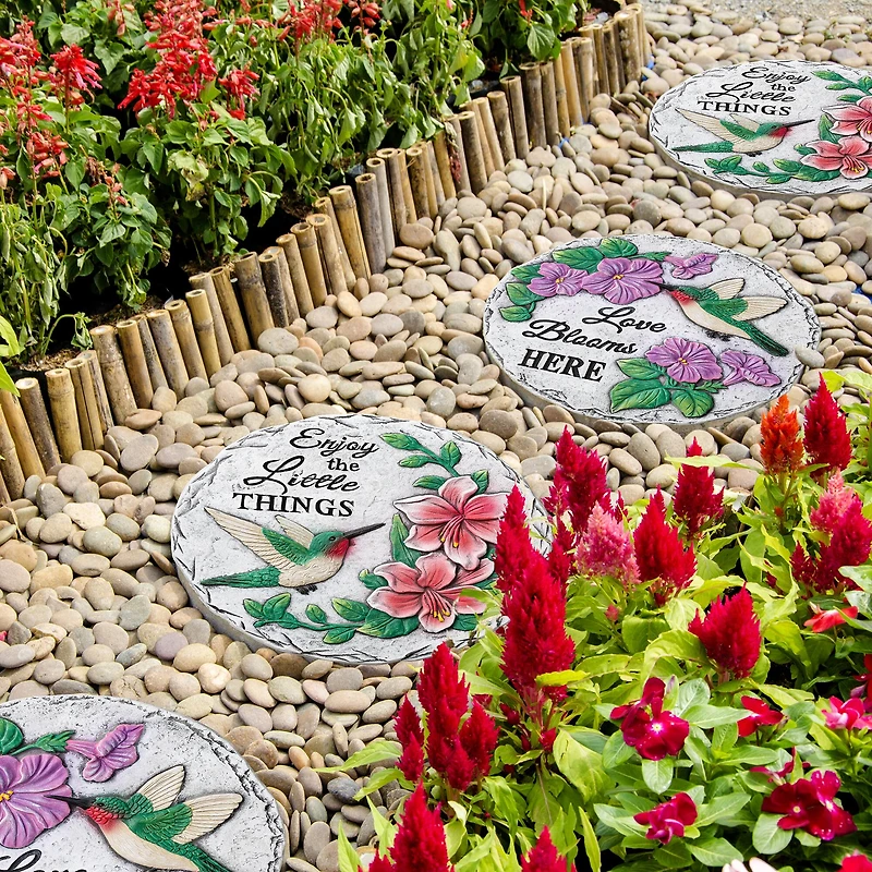 Glitzhome® 10" Cement Hummingbird & Flower Textured Stepping Stones Set