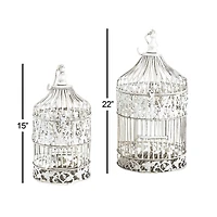 Vintage Distressed White Metal Floral Bird Cage Set