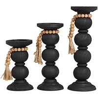 Black Wood Handmade Bubble Inspired Matte Candle Holder with Beaded Garland Set