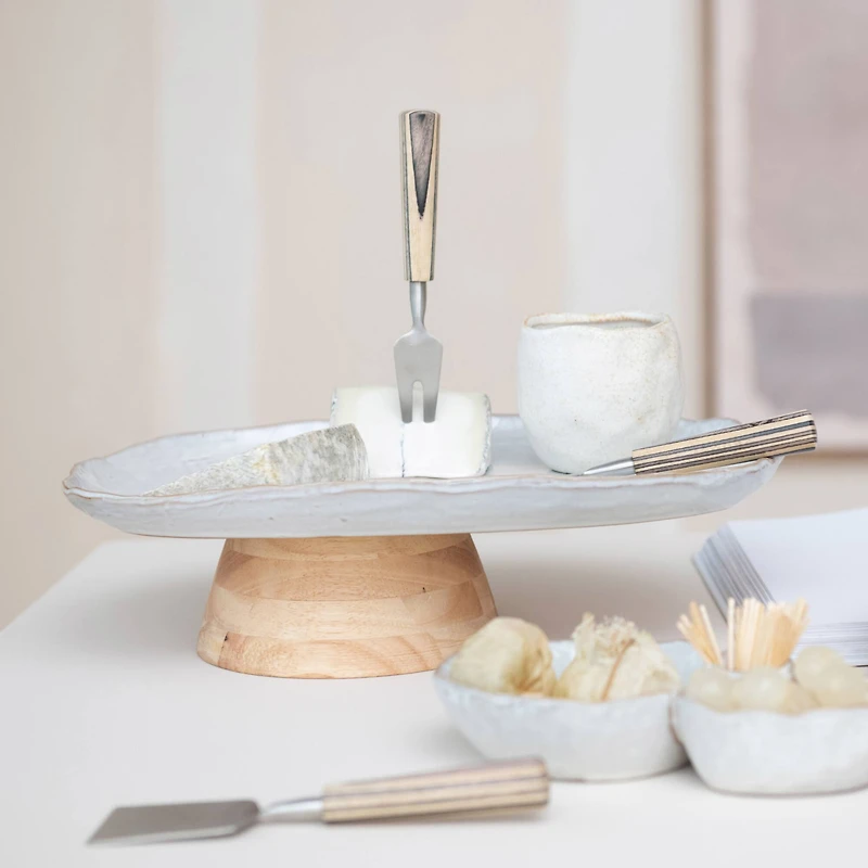 Hello Honey® 13.75" Acacia-Base White Stoneware Elegance Pedestal