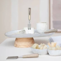 Hello Honey® 13.75" Acacia-Base White Stoneware Elegance Pedestal