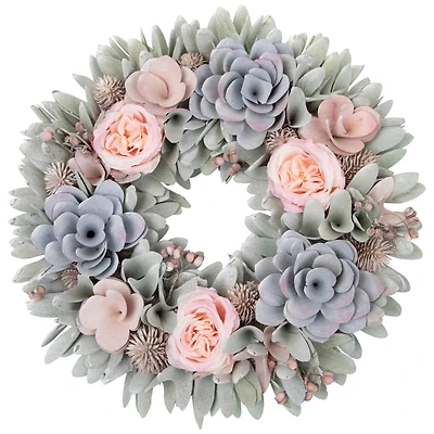 14" Roses & Thistle Artificial Spring Wooden Floral Wreath