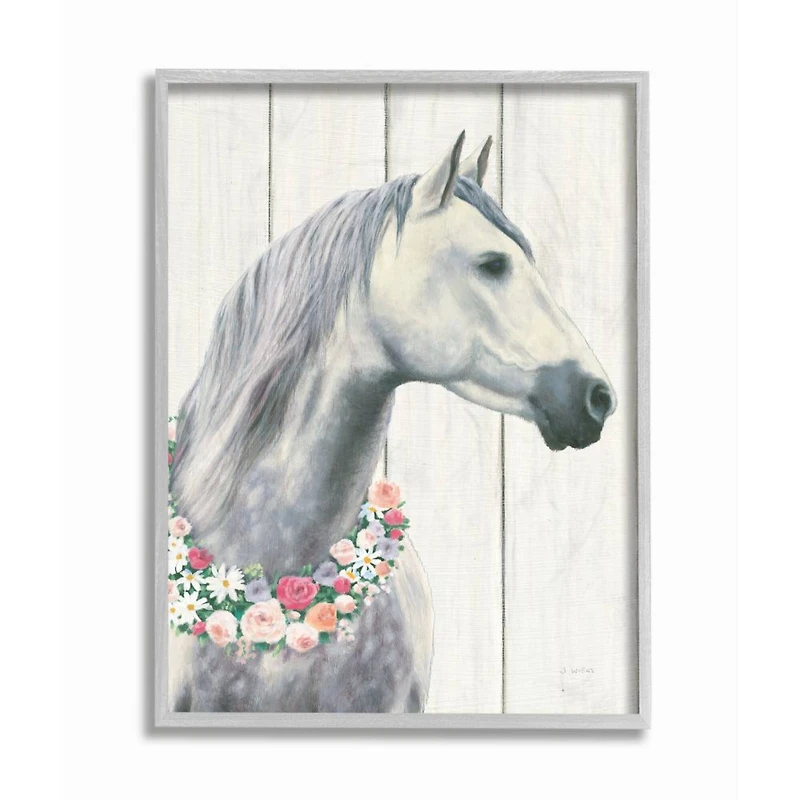 Stupell Industries Spirit Stallion Horse With Flower Wreath Wall Art in Gray Frame