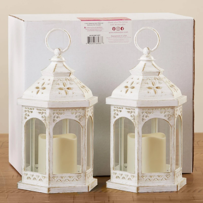 Kate Aspen White LED Hexagon Distressed Lantern Set