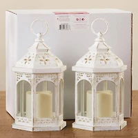 Kate Aspen White LED Hexagon Distressed Lantern Set