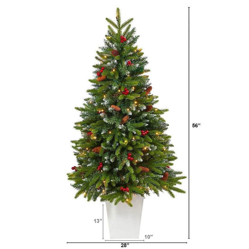 4.5ft. Pre-Lit Snow Tipped Portland Spruce Artificial Christmas Tree in White Metal Planter, Clear LED Lights