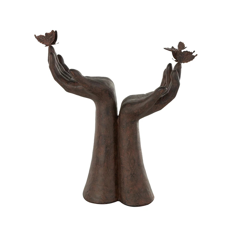 14.25" Dark Brown Hands Raised Decorative Sculpture with Butterfly Accents