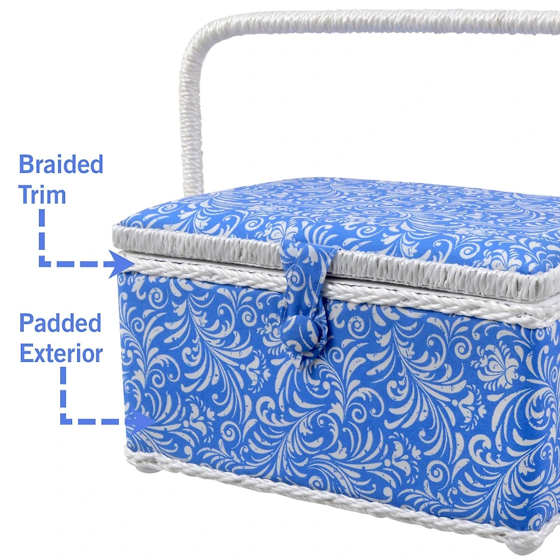 SINGER® Large Blue Deliah Scroll Print Sewing Basket with Sewing Scissors & Notions