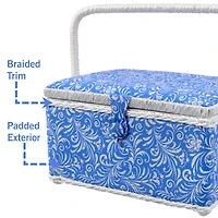 SINGER® Large Blue Deliah Scroll Print Sewing Basket with Sewing Scissors & Notions