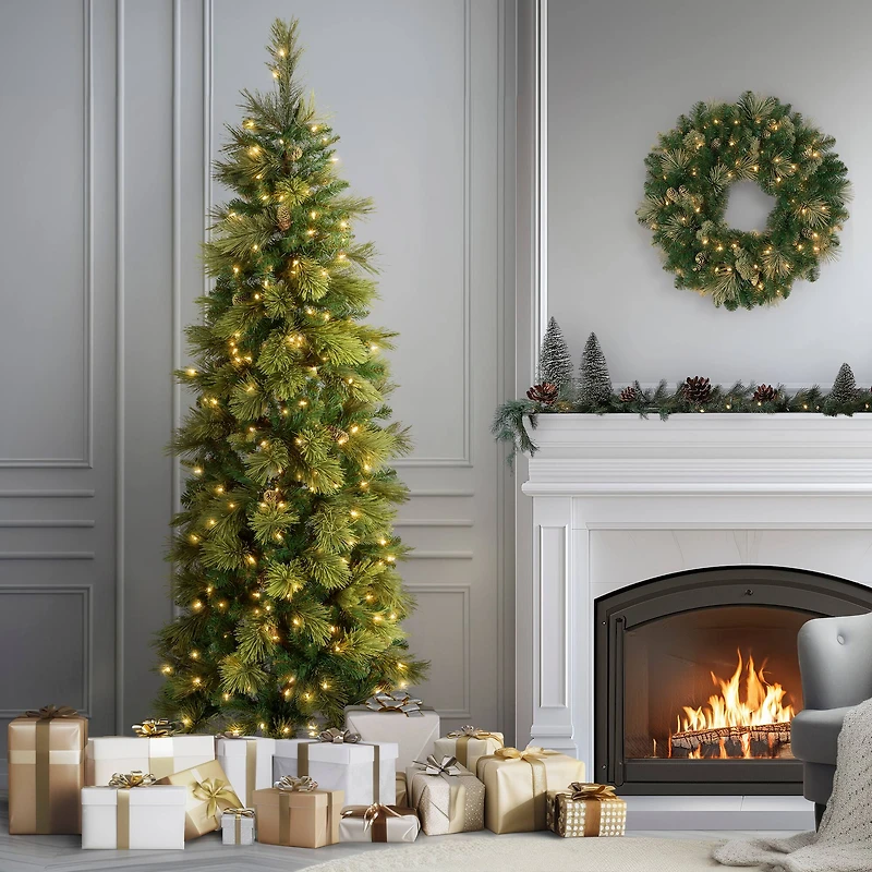 ft. Pre-Lit Carolina Pine Slim Artificial Christmas Tree with Flocked Pine Cones