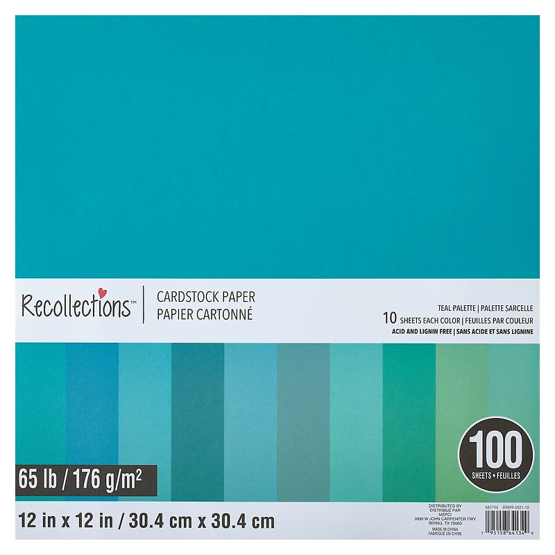 9 Packs: 100 ct. (900 total) Teal Palette 12" x 12" Cardstock Paper by Recollections™