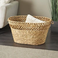 30" Brown Seagrass Handmade Woven Oval Storage Basket with Zig Zag Patterned Rim