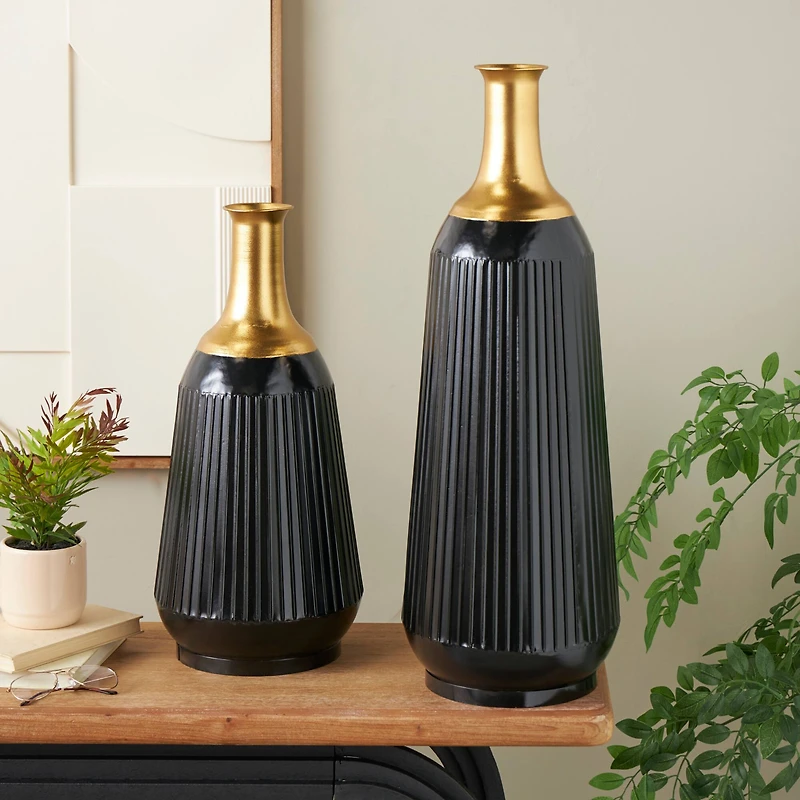 Black Metal Tall Ribbed Decorative Vase Set with Gold Tops