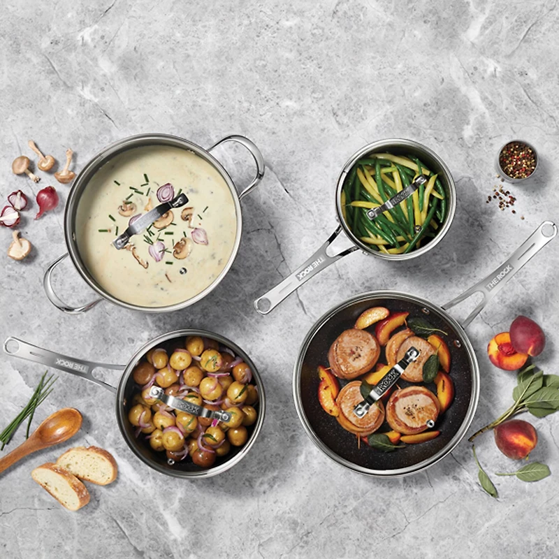 THE ROCK by Starfrit Stainless Steel Non-Stick 8-Piece Cookware Set With Stainless Steel Handles