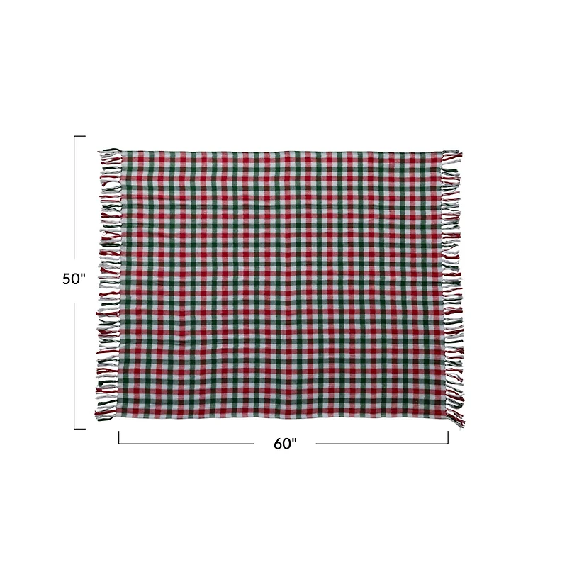 Hello Honey® 60" Red & Green Gingham Brushed Cotton Flannel Throw with Fringe