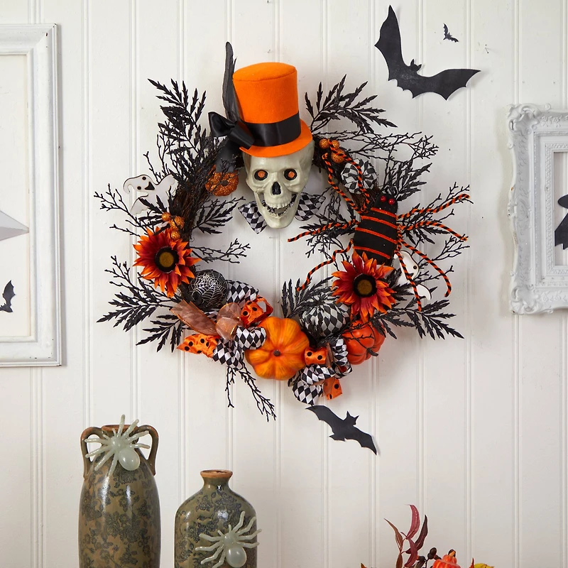 30" Spider & Skull with Top Hat Halloween Wreath