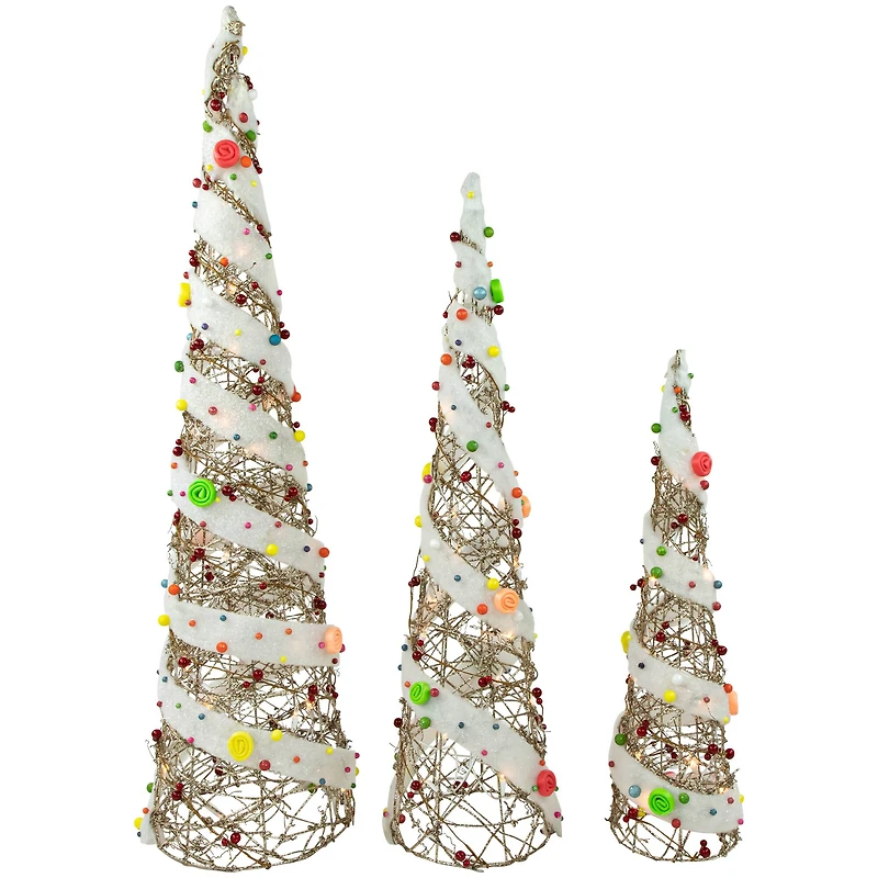 Set of 3 Lighted Champagne Gold Rattan Candy Covered Cone Tree Christmas Yard Art Decorations 39.25"