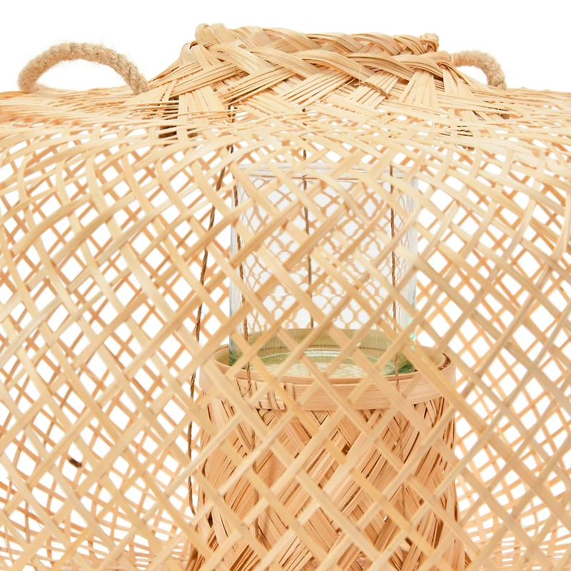 Hello Honey® 11" Natural Hand-Woven Bamboo Lantern with Jute Handle & Glass Insert
