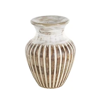 11" Brown Mango Wood Vase with Carved Grooves