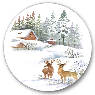 Designart - Winter Cottage With Two Deers