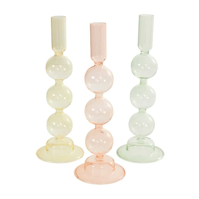 10" Multicolor Glass Triple Bubble Taper Candle Holder Set, 3ct.