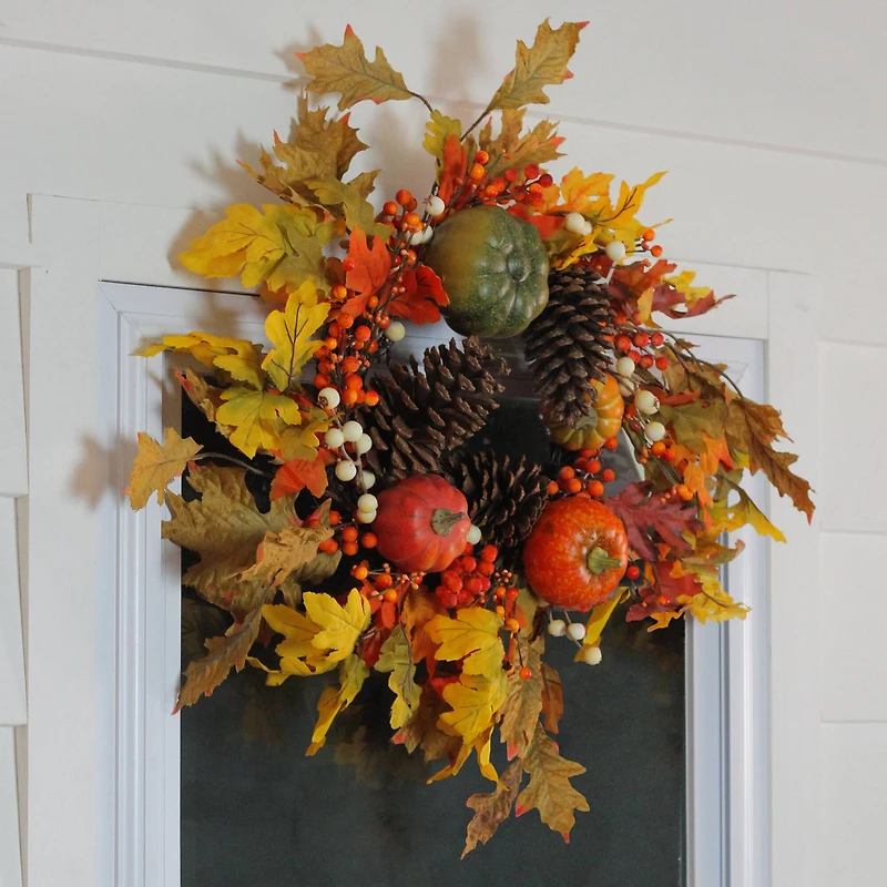 24" Autumn Harvest Decorative Artificial Fall Leaves, Pinecones, Pumpkins and Berries Wreath