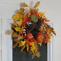 24" Autumn Harvest Decorative Artificial Fall Leaves, Pinecones, Pumpkins and Berries Wreath
