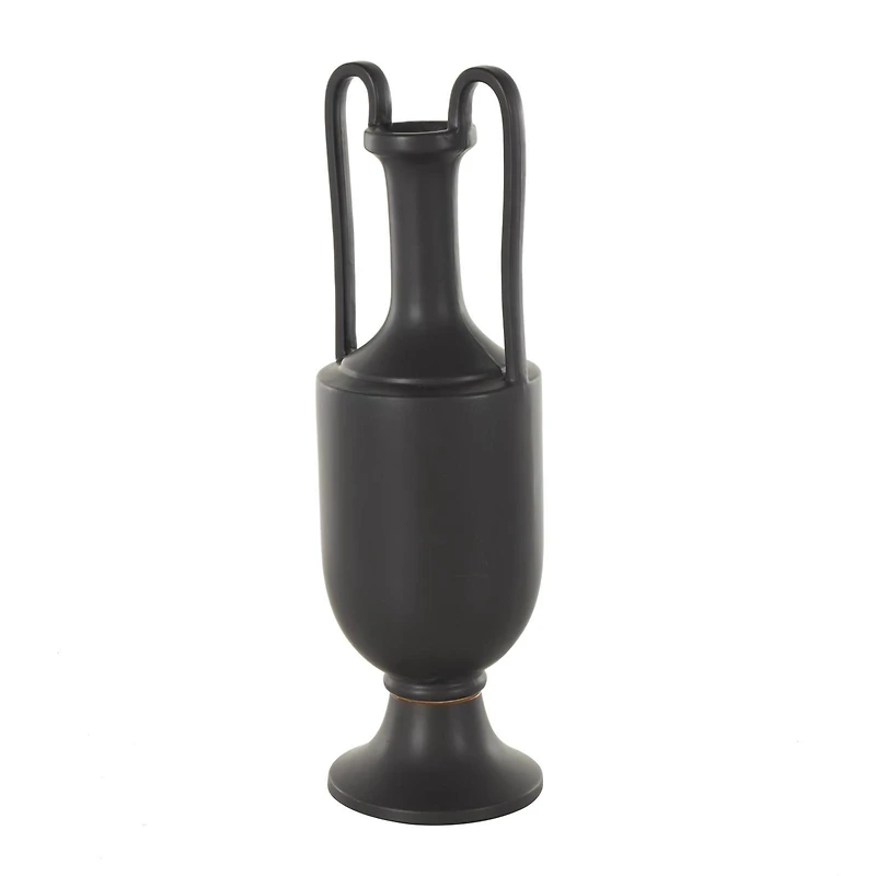 20.25" Black Ceramic Fluted Urn Shaped Vase with Arch Handles