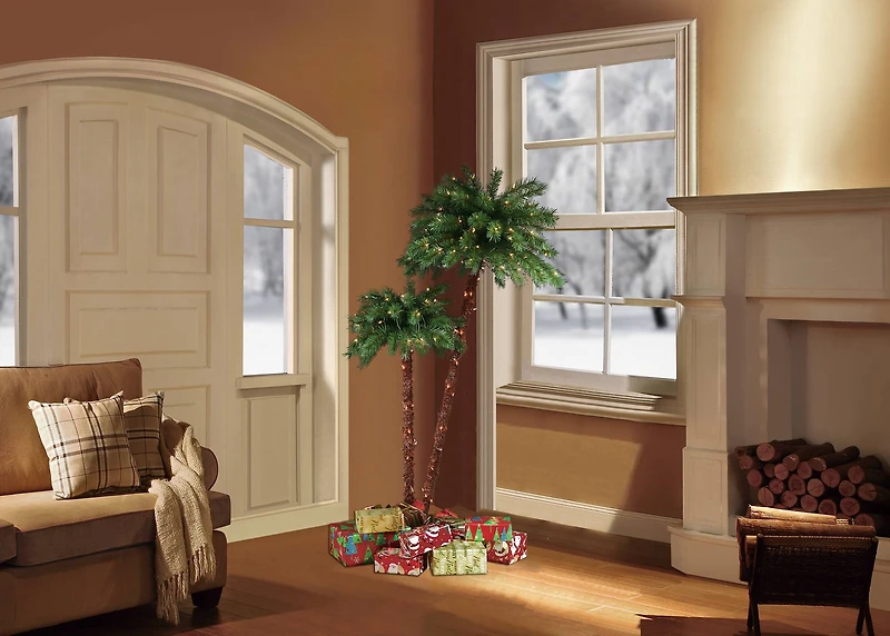 3.5ft. & 6ft. Double Trunk Pre-Lit Artificial Palm Tree, Clear Lights