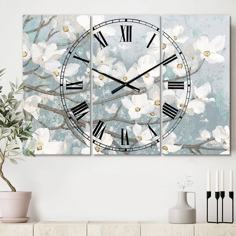 Designart Blue On Grey Blossoms Traditional 3 Panel Wall Clock
