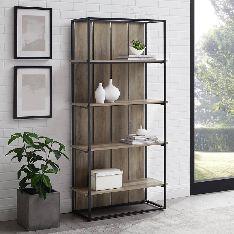 Walker Edison 64" Graywash & Black Metal Farmhouse Plank Back Bookshelf