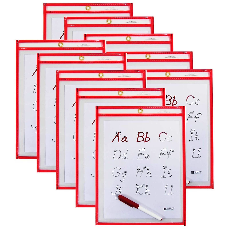 C-Line® Neon Red Reusable Dry Erase Pocket Kit Study Aid