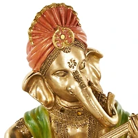 10.75" Gold Ganesh Musician Decorative Sculpture with Green, Yellow, and Red Accents