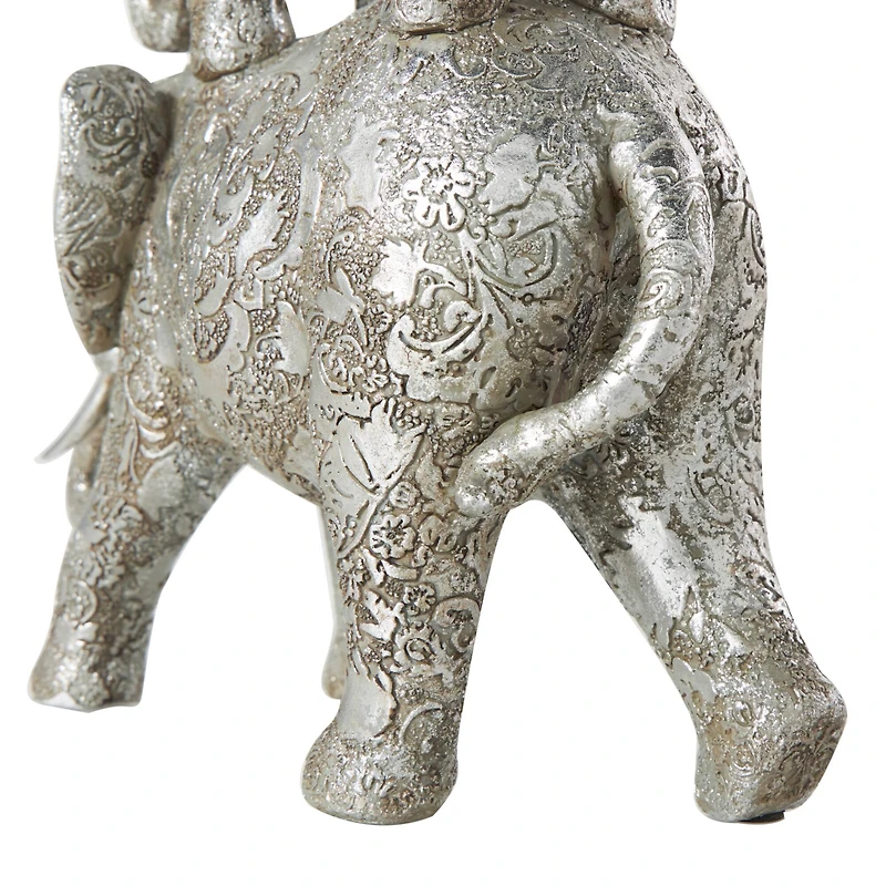 18" Silver Polystone Elephant Floral Engraved Stacked Sculpture