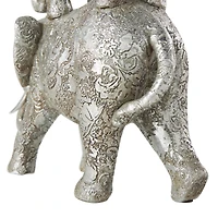 18" Silver Polystone Elephant Floral Engraved Stacked Sculpture