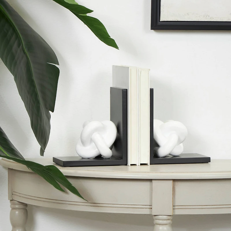 7" White MDF Knot Bookends with Black Stands Set