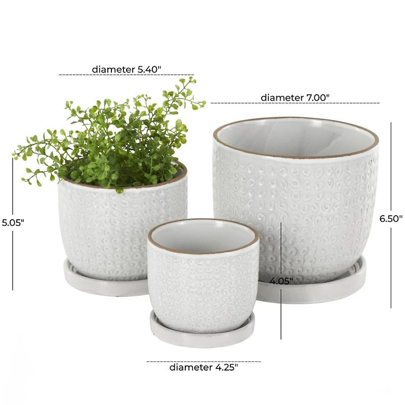 White Abstract Circle Pattern Ceramic Planter Set